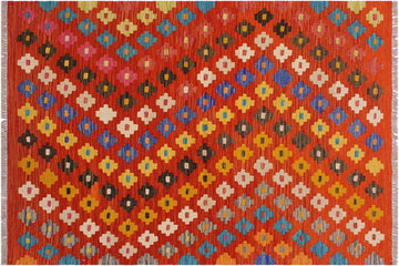 Flat Weave Kilim, Antique, Navaho, Vintage, Handmade, Modern Kilim Rust Beige Hand-Woven Rectangle 100% Wool Area Rug 4 x 5